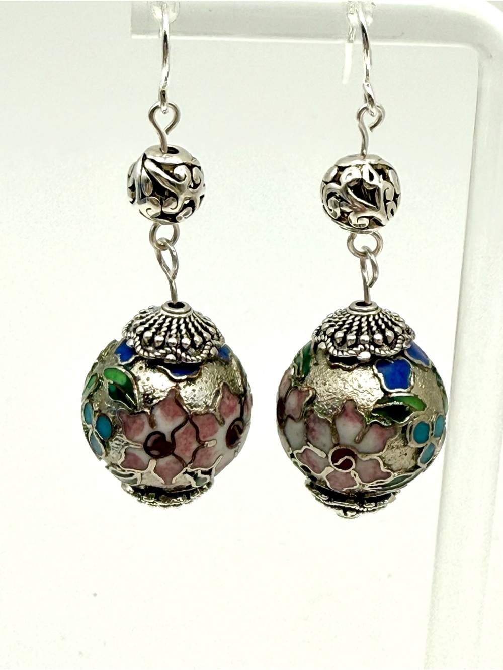 Rare-Silver Tone Cloisonné Floral Drop Earrings - Silver with Pink, Blue & Green - Picture 4 of 4